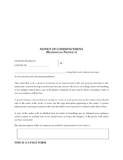 Michigan Notice of Commencement (Residential Property)