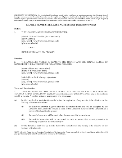 New Brunswick Lease Agreement for Mobile Home Site