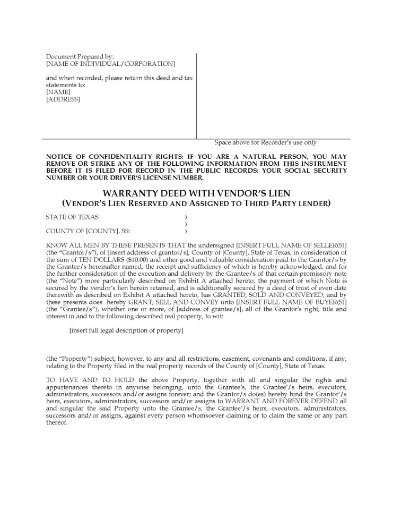 Texas Warranty Deed with Vendors Lien