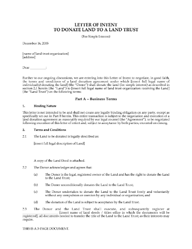Letter of Intent to Donate Land to Land Trust