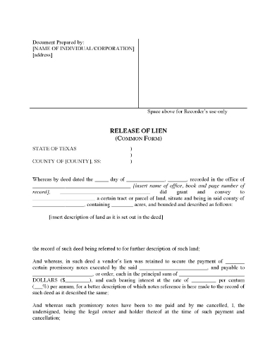 Texas Release of Vendors Lien Form