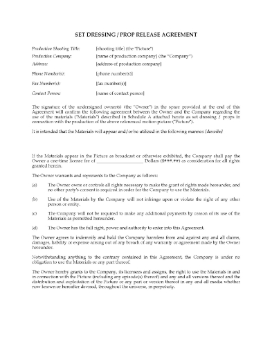 Set Dressing and Props Release Agreement