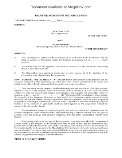 Picture of Transfer Agreement on Dissolution | Canada