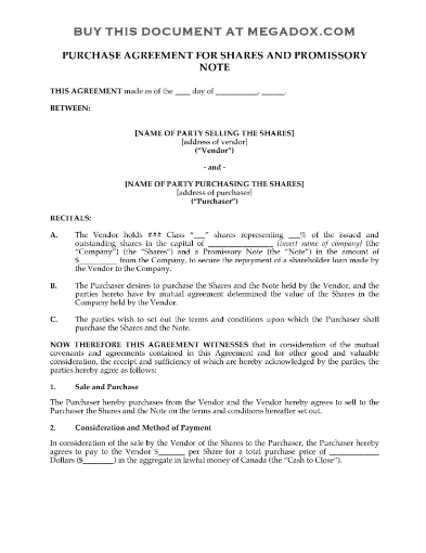 Canada Share Purchase Agreement with promissory note