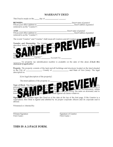 Picture of New Jersey Warranty Deed Form