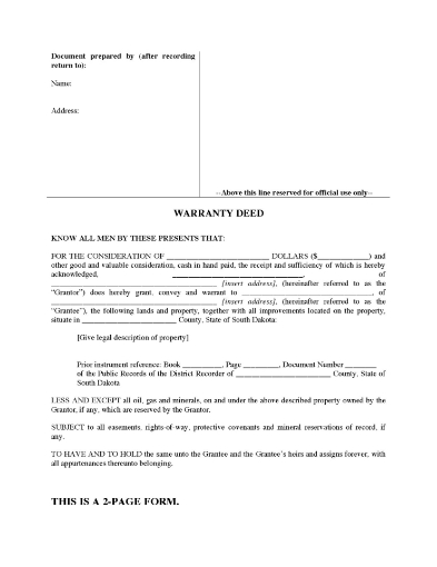 South Dakota Warranty Deed Form