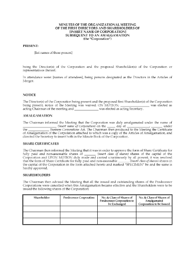 Canada Minutes of Organizational Meeting after amalgamation