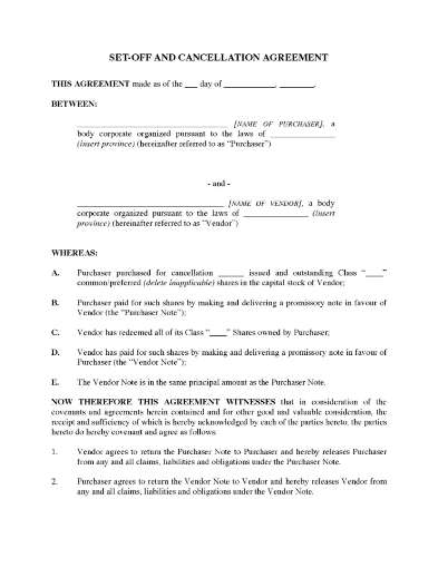 Canada Set-Off and Cancellation Agreement