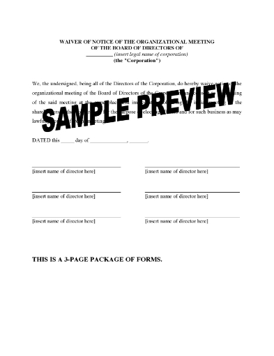 Canada Waiver of Notice Forms for Directors Meetings