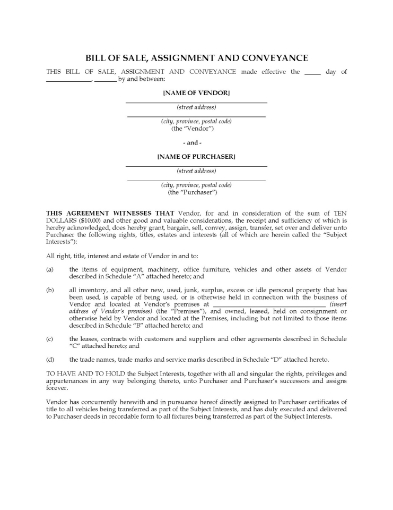 Canada Bill of Sale for Business Assets
