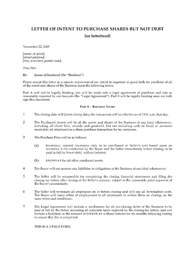 Letter of Intent to Purchase Assets and Shares but Not Debt