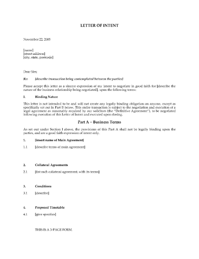 Australia Letter of Intent Template