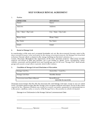 Maryland Self Storage Rental Agreement