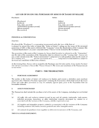 USA Letter of Intent to Purchase Business Assets