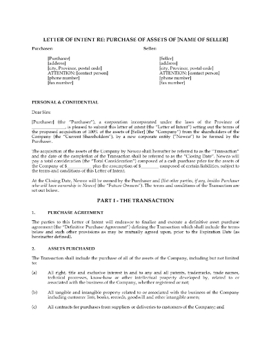 Canada Letter of Intent to Purchase Business Assets