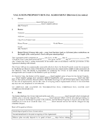 British Columbia Vacation Property Short-Term Rental Agreement