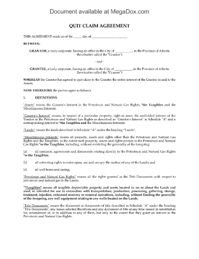 Picture of Alberta Quit Claim Agreement for Oil and Gas Rights