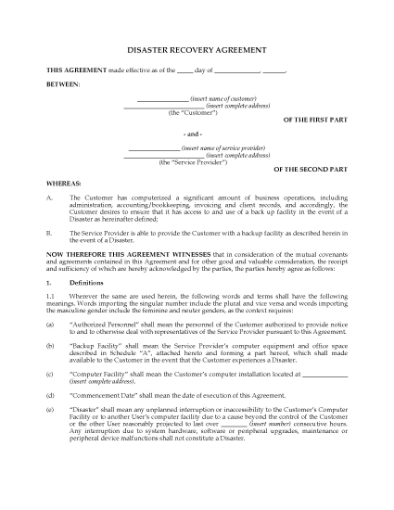 Picture of Data Disaster Recovery Agreement | Canada