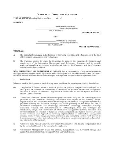 Picture of Information Technology Outsourcing Consulting Agreement | USA