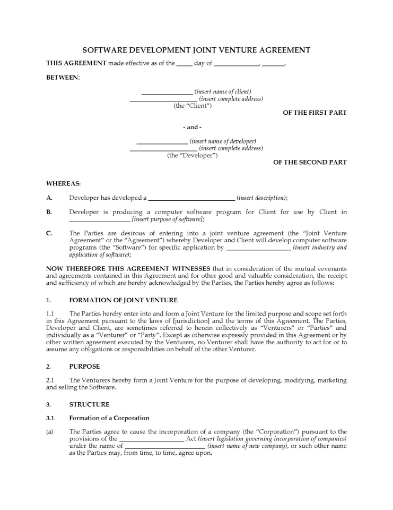 Canada Software Development Joint Venture Agreement