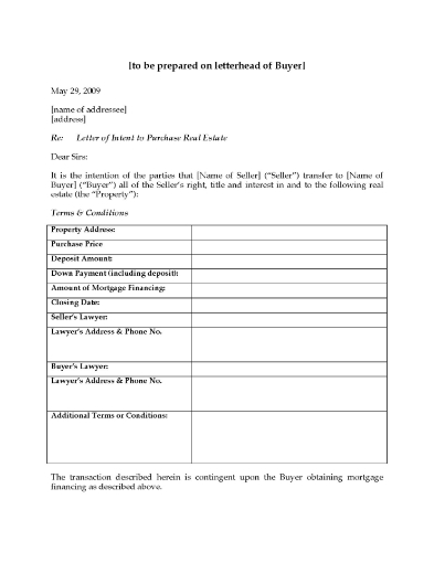 Canada Letter of Intent to Purchase Real Estate