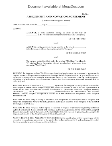 Picture of Alberta Partial Assignment and Novation Agreement