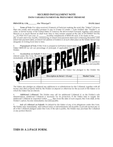 Picture of Installment Note with Prepayment Fee | USA