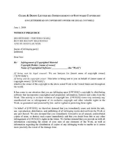 USA Cease and Desist Letter re Software Copyright