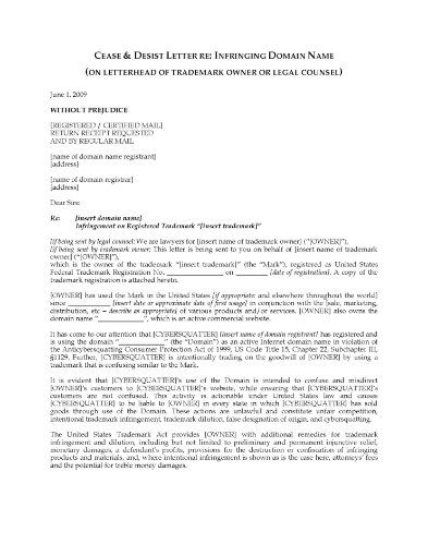 USA Cease and Desist Letter re Infringing Domain Name