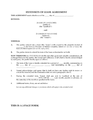 British Columbia Extension of Residential Lease
