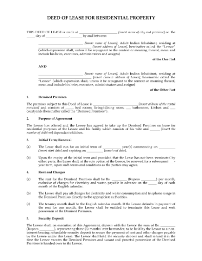 Picture of Deed of Lease for Residential Property | India