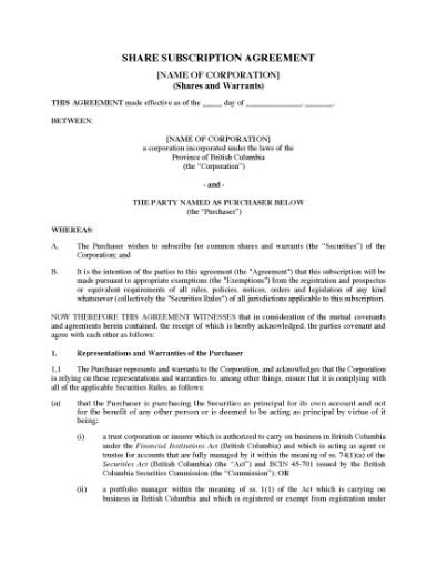 Picture of British Columbia Subscription for Shares and Warrants under Offering Memo