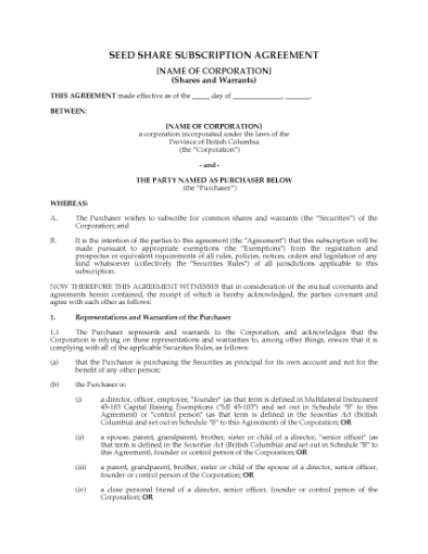 Picture of British Columbia Seed Capital Subscription for Common Share Warrants