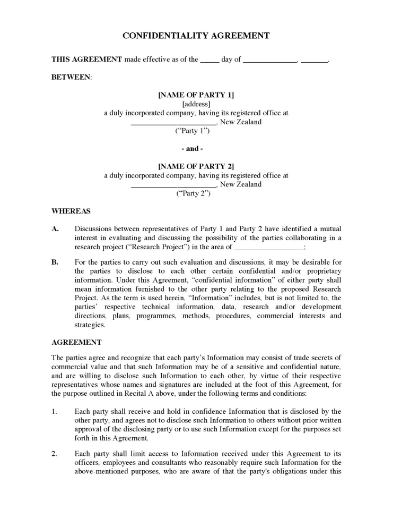 New Zealand Confidentiality Agreement for Joint Project