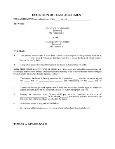 Picture of Arkansas Extension of Residential Lease