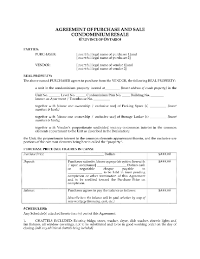 Picture of Ontario Condominium Resale Agreement