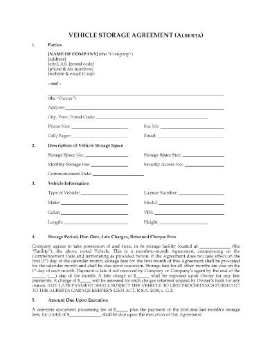 Alberta Vehicle Storage Agreement