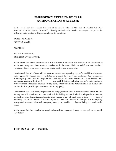 Emergency Veterinary Care Authorization and Release