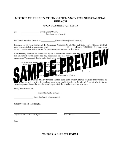 Alberta Notice of Termination of tenancy for nonpayment of rent