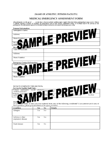 Medical Emergency Assessment Form for Fitness Program