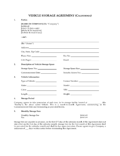 California Vehicle Storage Agreement
