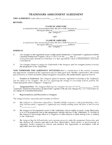 Canada Trade Mark Assignment Agreement