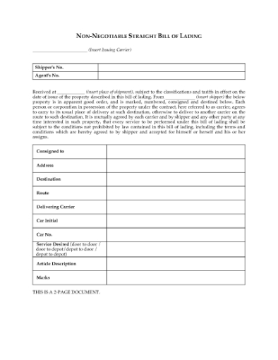 Picture of Non-Negotiable Straight Bill of Lading