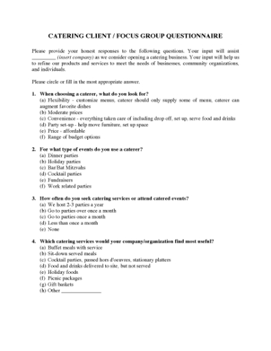 Picture of Catering Client Focus Group Questionnaire