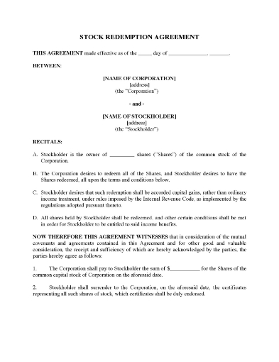 USA Short Form Stock Redemption Agreement