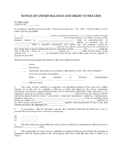 New Jersey Notice of Unpaid Balance and Right to File Lien