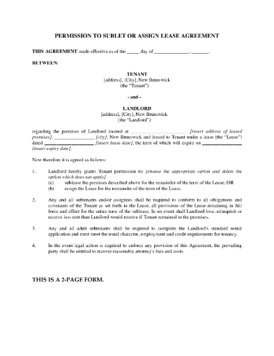New Brunswick Permission to Sublet or Assign Lease