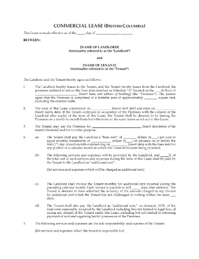 British Columbia Short Form Commercial Lease