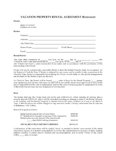 Bahamas Vacation Property Rental Agreement