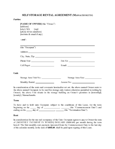 Massachusetts Self Storage Rental Agreement